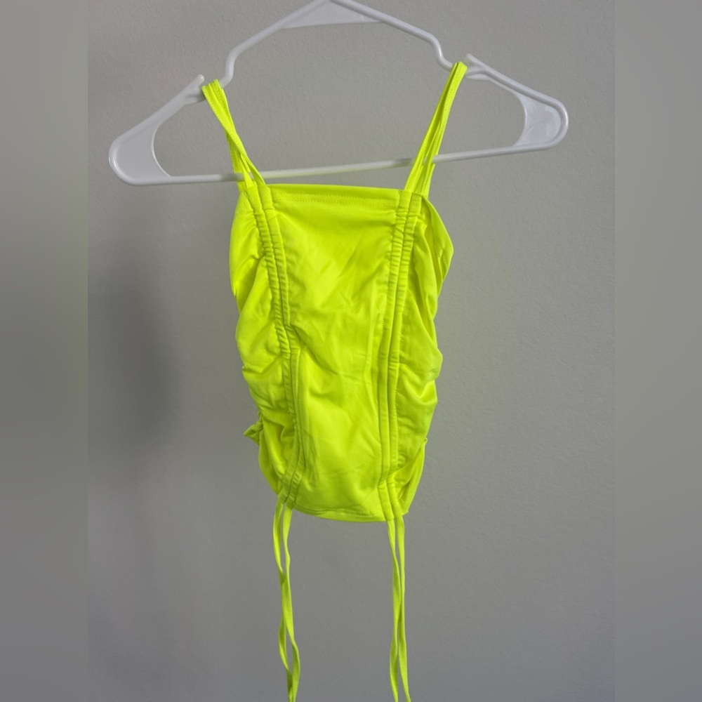 Neon Highlighter Green/Yellow Ruched Tie String Rave Crop Top